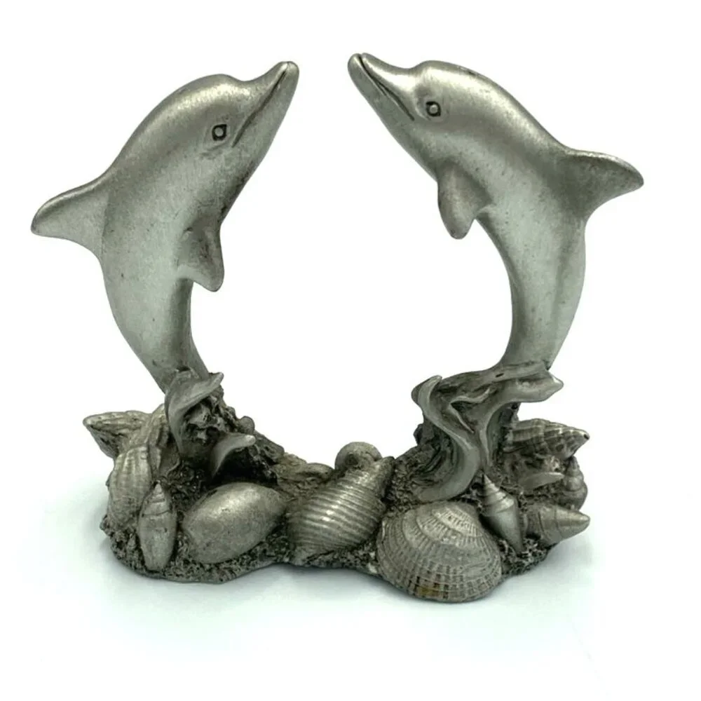 Vtg Spoontiques Pewter Dolphins‎ Figurine Jumping Seashells Nautical Beach USA